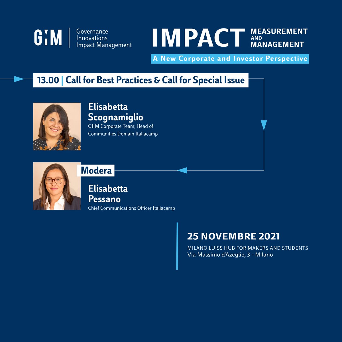 Italiacamp's tweet photo. 1/3 Domani, 25 novembre, ci incontreremo al Milano Luiss Hub per "Impact Measurement and Management”, evento di lancio dell'Osservatorio #GIIM.Pianificare, gestire, misurare e riportare l’impatto sociale e ambientale è la sfida di fronte alla quale si trovano le organizzazioni. https://t.co/dfWWjGnthH
