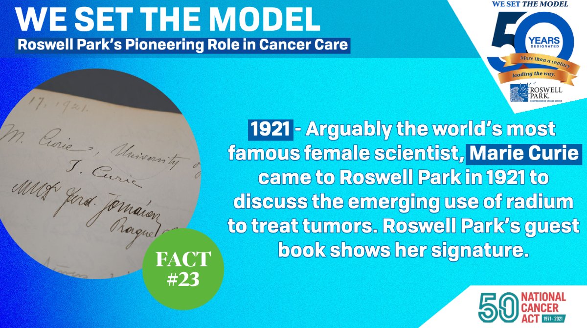 RoswellPark's tweet photo. In 1921, Roswell Park was visited by Nobel Prize winner Marie Curie.

We continue our celebration of the NCA's 50th anniversary with our next #WeSetTheModel fact. To learn more visit: https://t.co/gz1O4nSCFp
#NothingCanStopUs https://t.co/NQIGyM88Fc
