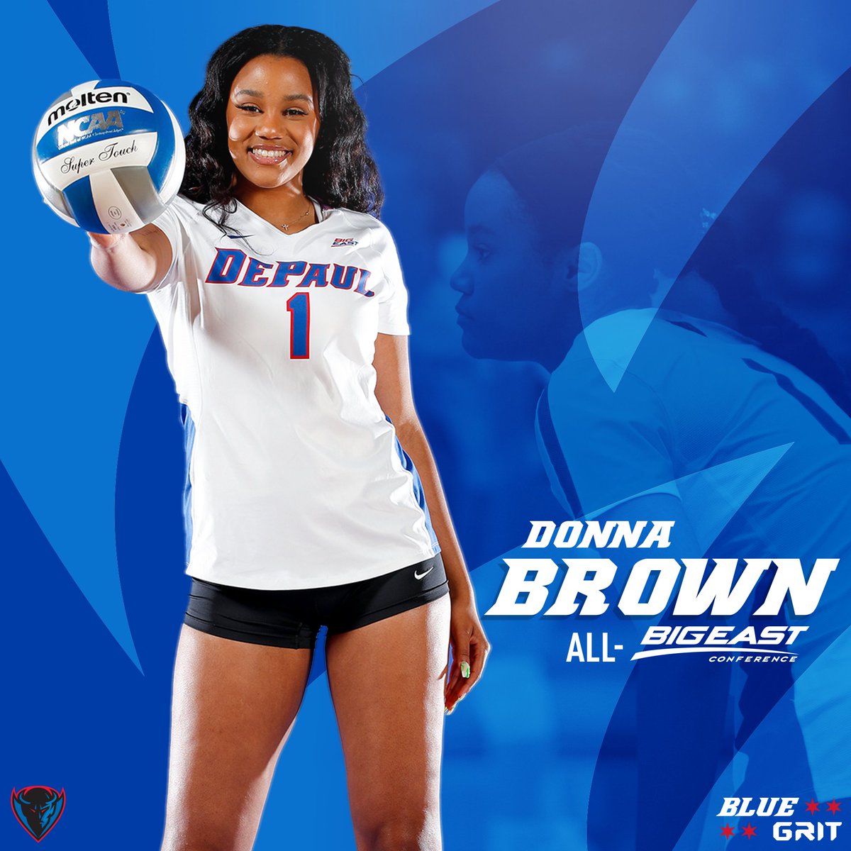 DePaulVball's tweet photo. A force to reckoned with in the middle 😤

Donna Brown has been named to the All-BIG EAST Team for the second time in her career! 

📝 https://t.co/sRDdORrewC

#dpuvb https://t.co/s7dmnc3WPO