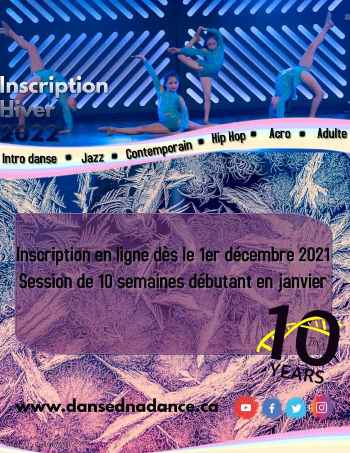 L'inscription en ligne pour la session d'hiver 2022 débutera le 1er décembre 2021! 

#danceclass #dieppe #moncton #riverview  #greatermoncton #danse #dance #coursdedanse