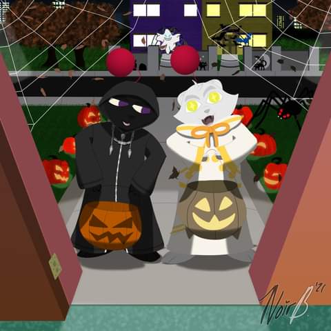 beauvoirferril's tweet photo. Some #Halloween #art featuring my #fursona's "split personalities", Blanc and Noir.

My first attempt at a more serious piece with full color, background and some shading. ;- w-)

#ferrets #furry #furryoc #furryart #digitalart #Halloween2021 #kingdomhearts #Moogle #noirb https://t.co/2tnWMx797w