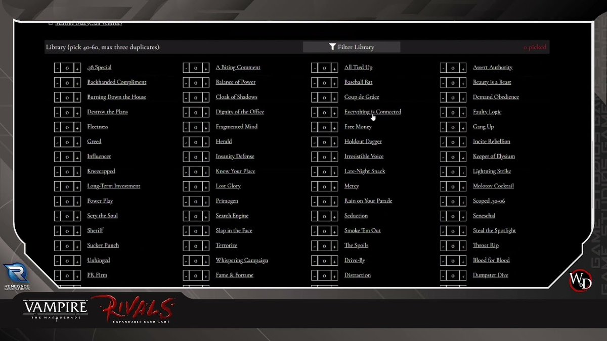 PlayRenegade's tweet photo. Steaming update! 🚨 #VampireWednesday is taking a week off as our team prepares for Thanksgiving.

In the meantime, check out this recent stream in which we explore a new tool to create decks for #VampireRivals!

🎥: https://t.co/DHG5D0Ymq4 https://t.co/Yx7ddIYL3M