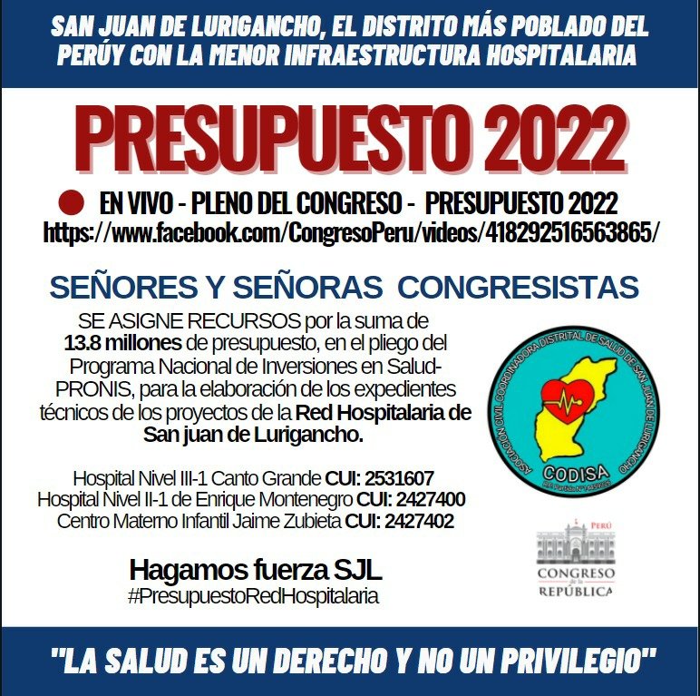 Hosp2Montenegro's tweet photo. SJL lucha por el presupuesto para los proyectos técnicos de la Red Hospitalaria. @sigridbazan @MirtyVas @JessicaHuaman_ @danielfolivares @HCevallosFlores @FlorPabloMedina @IndiraHuilca @RosselliAmuruz @PedroCastilloTe https://t.co/zKBckLyp2b