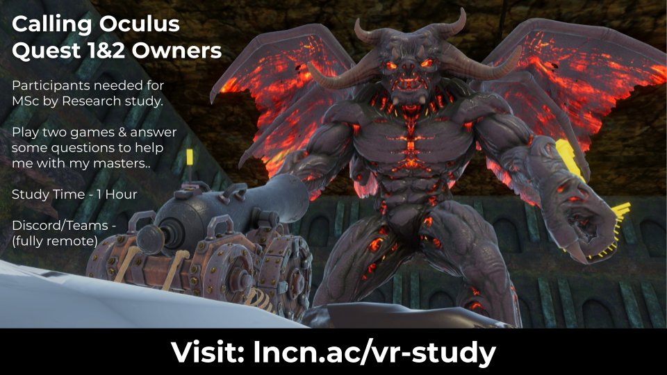 SamStubbings's tweet photo. I'm currently looking for participants for my remote #VR study. If anyone (18+) has a spare hour and wouldn't mind playing a couple #games and answering some questions, please let me know - it'd help a lot!

> https://t.co/tNl9QaP1V6

Any RTs appreciated!

#OculusQuest2 #Oculus https://t.co/XmymkSrz8y