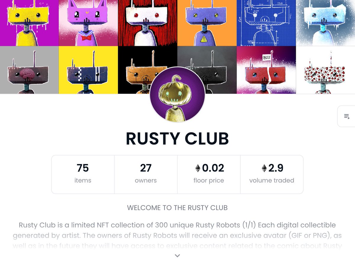 RustyClubNFT's tweet photo. The Rusty Club has been around for a few months now and I think a small but amazing and active community has formed during that time.
•RC showed on YouTube
•Secondary sales (the biggest Price): 0.88 ETH
•27 holders
Thanks everyone! Love U🤖❤️
#rustyclub #NFTCommunity #NFTs https://t.co/7wNfdr9GfZ