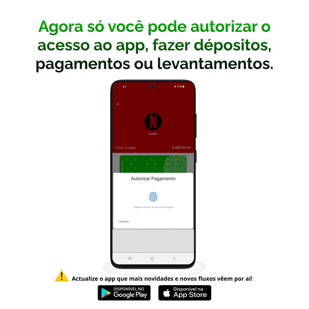 usekamba's tweet photo. Aqui nos importamos com a sua segurança de ponta a ponta. Seus dados, suas regras. 

Actualize o aplicativo e configure a biometria em todos fluxos de acesso, entrada e saída de dinheiro que desejar. 

É Kamba, é seguro.#usekamba https://t.co/d9zcWPDCPt