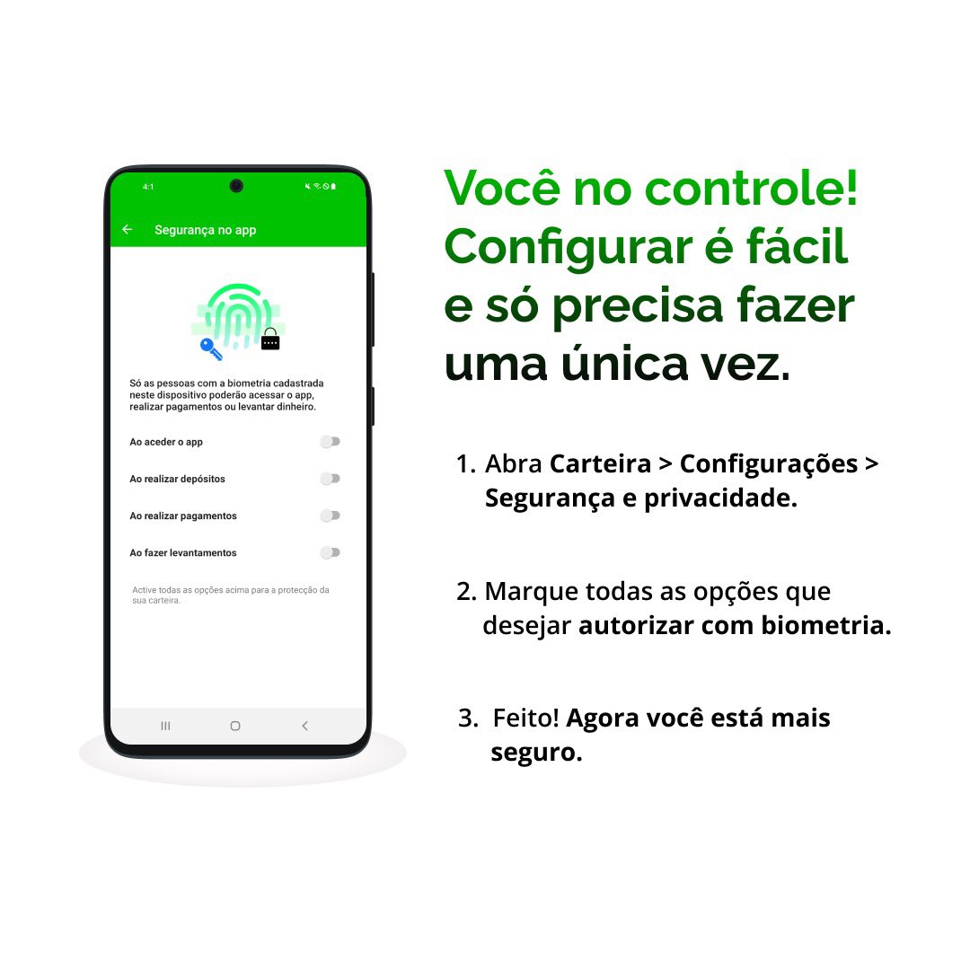 usekamba's tweet photo. Aqui nos importamos com a sua segurança de ponta a ponta. Seus dados, suas regras. 

Actualize o aplicativo e configure a biometria em todos fluxos de acesso, entrada e saída de dinheiro que desejar. 

É Kamba, é seguro.#usekamba https://t.co/d9zcWPDCPt