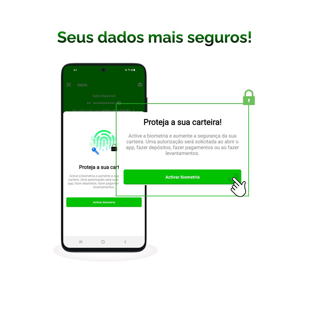 usekamba's tweet photo. Aqui nos importamos com a sua segurança de ponta a ponta. Seus dados, suas regras. 

Actualize o aplicativo e configure a biometria em todos fluxos de acesso, entrada e saída de dinheiro que desejar. 

É Kamba, é seguro.#usekamba https://t.co/d9zcWPDCPt