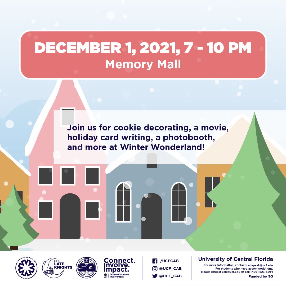 Winter in FL ☀️⛄️ Who else likes the sound of that?

Students are invited to join <a href="/UCF_CAB/">UCF Campus Activities Board</a>, <a href="/UCFSG/">UCF Student Government</a> and <a href="/UCF_LK/">UCF Late Knights</a> on Memory Mall for cookie decorating, a movie, a photo booth and more at Winter Wonderland ❄️

🗓 Dec. 1
⌚️ 7-10 p.m.