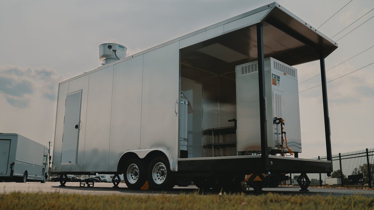 Smoke out the fierce competition with a pre-built BBQ Trailer!🔥💰 Equipped with high-end ROI-generating equipment &amp; a patio feature that houses a Southern Pride Smoker. 
#foodtruck #mobilekitchen #custom #foodtrailer #custombuilt