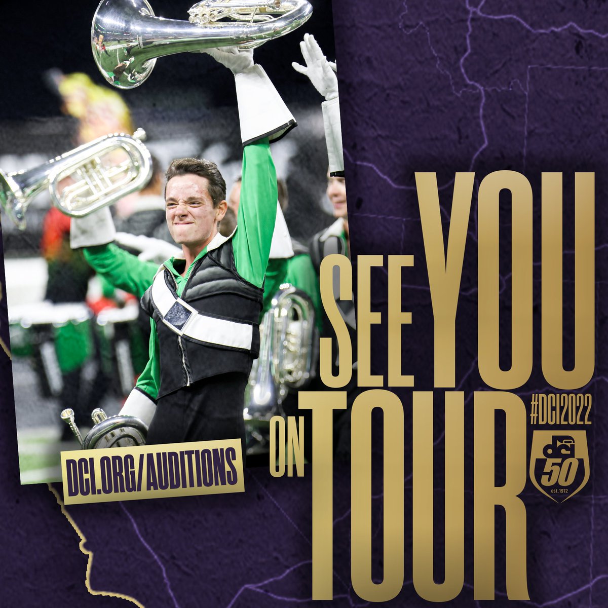 DCI's tweet photo. The 2022 Tour Map is ready, now it's your time to shine! Audition for a corps this winter and experience the greatest summer ever for yourself 🤩

➡️ https://t.co/w0xrwH9z3V https://t.co/JyVXqS5WS8