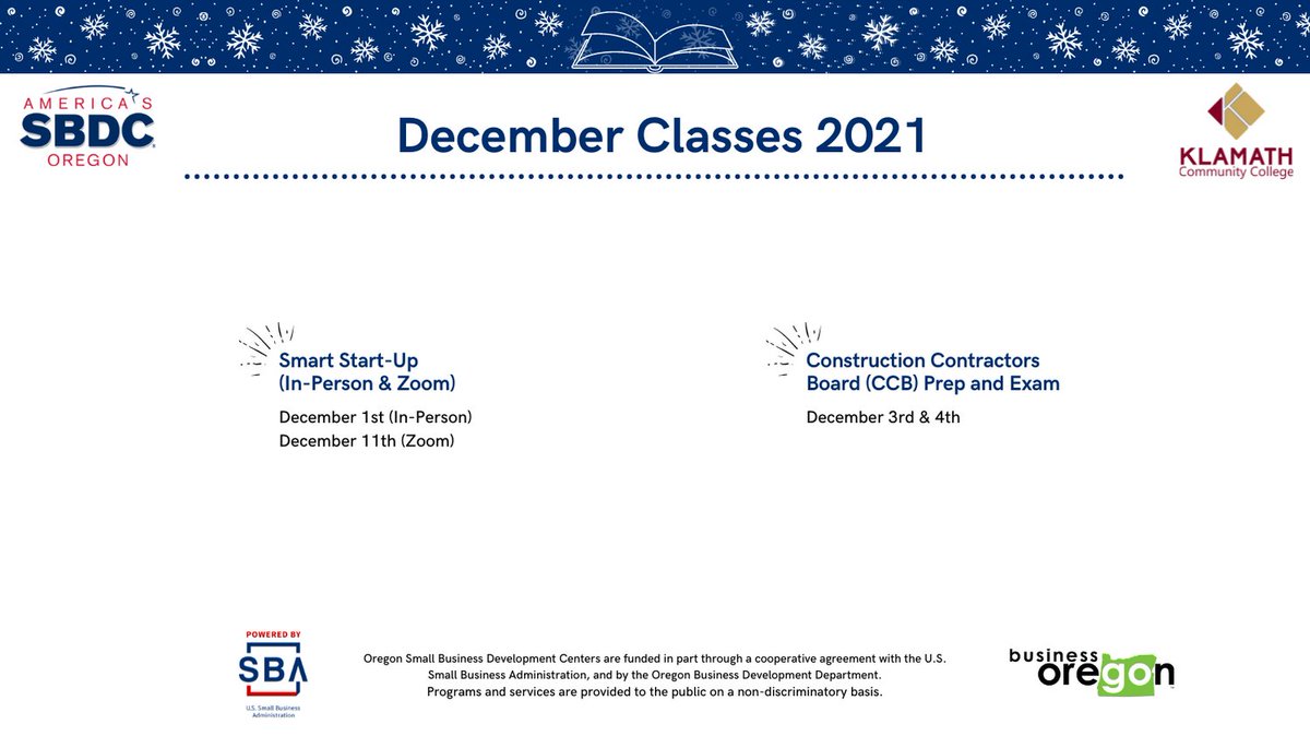 The weather outside may be frightful, but our classes are quite delightful! clients.oregonsbdc.org/Events.aspx?mo… #sbdc #classes #smallbiz