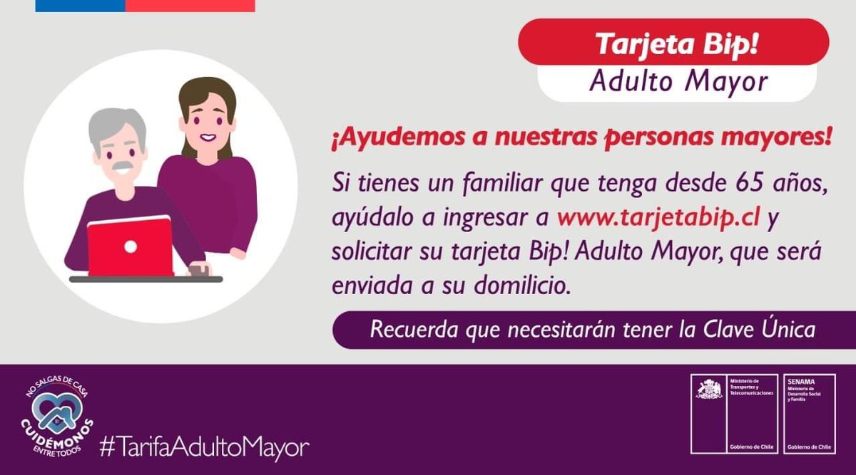 LaboralBonos's tweet photo. 📣¡Avísales a tus adultos mayores!

La Tarjeta Bip! Adulto Mayor👵 permite a los mayores de 65 años acceder a una rebaja en la tarifa del 50% en el sistema de transporte público🚌 de #Santiago

Ayúdalos a solicitarla en linea y recibirla en el domicilio… https://t.co/38TW9oHgk7