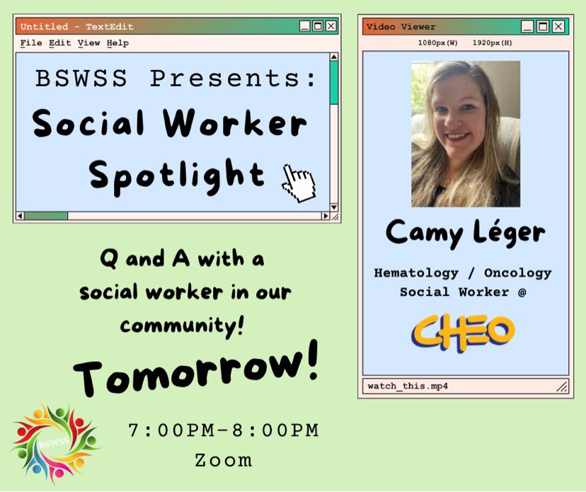 CU_BSWSS's tweet image. Here to remind you of our Social Worker Spotlight with Camy Léger tomorrow evening from 7-8pm on Zoom.

This will be a great opportunity to learn about social work in a health care setting and you’ll  have plenty of time to ask questions!

RSVP at facebook.com/events/s/bswss…