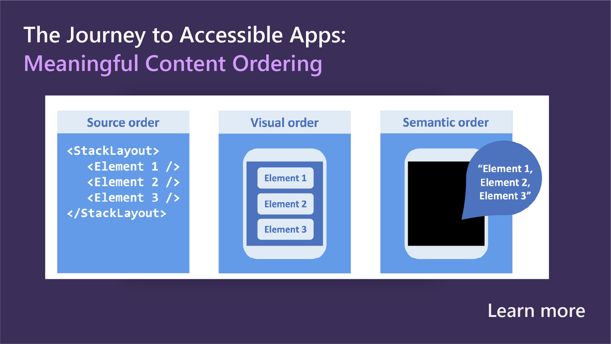 Meaningful ordering is a key aspect of developing accessible apps.

...and the first step towards approaching meaningful content ordering is to understand what exactly makes content ordering “meaningful.”

Look to #dotNETMAUI and SemanticOrderView. Learn: msft.it/6011keLWb