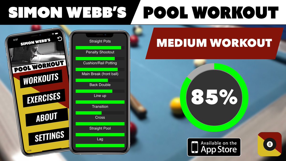Simontwebb's tweet photo. I just had time to squeeze in a quick medium workout from my app. 

Who has been doing routines or workouts this week? 

What have you all been scoring? 

Link to download the app: https://t.co/r6EbUTFZjn

#8ballpool #pool🎱 https://t.co/5vrpmu29hW
