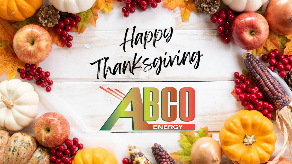 ABCOEnergy's tweet photo. From everyone at ABCO we wish you and your family a very Happy Thanksgiving!

(Holiday Hours: 11/25 &amp; 11/26 CLOSED) https://t.co/K0rTzJg7mn