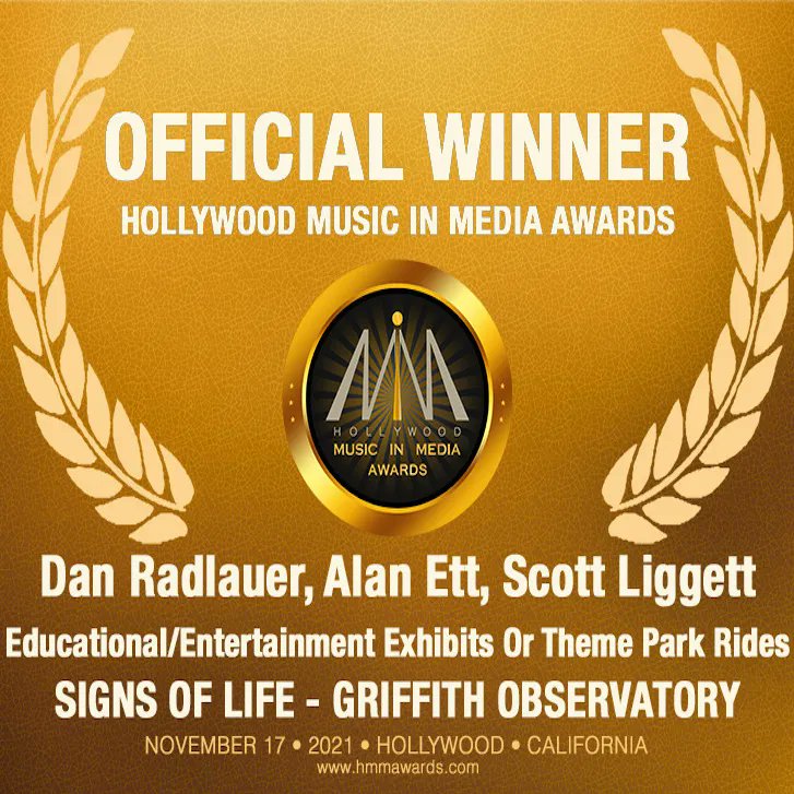 Spirit_MC_'s tweet photo. On November 17th, Spirit Music Collective won Hollywood's Music in Media Award for Educational/ Entertainment Exhibits for our participation in Griffith Observatory's "Signs of Life" exhibit! Congratulations  🎉 🎉 

#hollywoodmusicinmediaawards #winner #spiritmusiccollective https://t.co/uG28mzCAaA