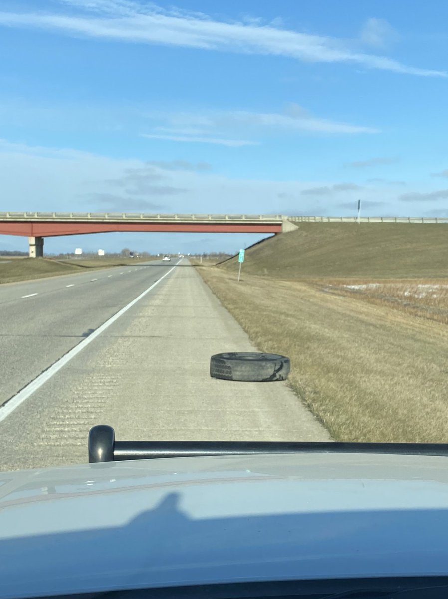 SgtMalafa283's tweet photo. Today this semi tire was saved from being damaged from any passing vehicles.  Wait, maybe that’s the other way around? Through this busy travel weekend we remind everyone to drive safe. Troopers will be out on patrol all weekend to ensure everyone gets home safe!  #NDHP283 https://t.co/PeliXcxWQJ