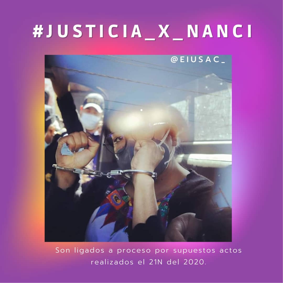 eiusac's tweet image. El Ministerio Público confirma la captura de la activista indígena Nancy Sinto y de Juan Francisco Monroy Gómez. Una mochila, un corte y un suéter son los indicios que la Fiscalía secuestró en los allanamientos. Los vinculan a la quema del Congreso en la manifestación del 21N