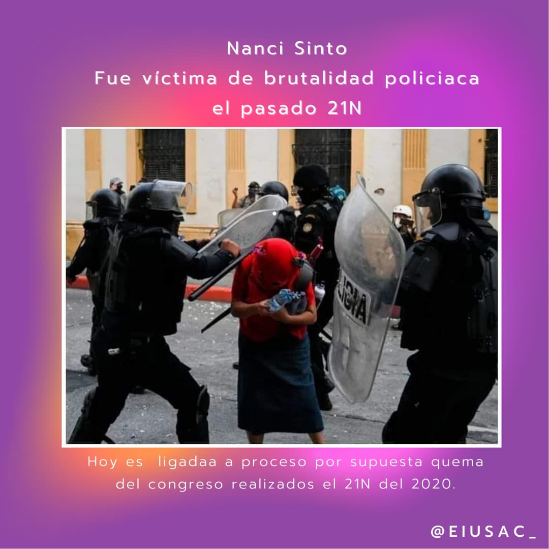 eiusac's tweet image. El Ministerio Público confirma la captura de la activista indígena Nancy Sinto y de Juan Francisco Monroy Gómez. Una mochila, un corte y un suéter son los indicios que la Fiscalía secuestró en los allanamientos. Los vinculan a la quema del Congreso en la manifestación del 21N