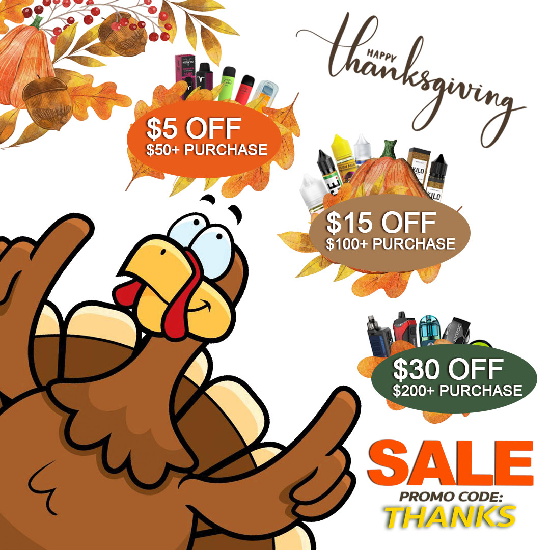Take $5 , $15, or $30 off your entire order! Early Thanksgiving sale!
 
#thanksgiving #thanksgivingsale #vapesale #vapestore #vape #vapeon #provape