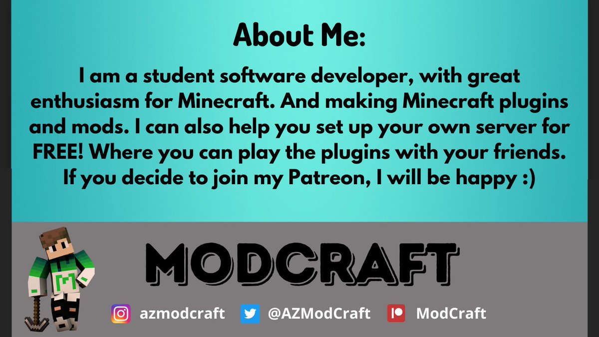 🎮I make #Minecraft plugins &amp; mods.

I can also help you set up your own #MinecraftServer for🤩FREE!
So you can play the #plugins with your friends.

If you decide to join my #Patreon, I will be happy🙂
Link in Bio🔗

#MinecraftBut #minecraftmods #gamedev #games #gamergirl #gamer