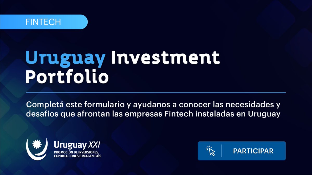 #CONVOCATORIA | #UruguayXXI invita a empresas del sector #Fintech instaladas en #Uruguay a completar un breve formulario orientado a conocer mercados objetivos, verticales de negocios e interés en procesos de aceleración y/o captación de inversiones.

🔗 bit.ly/3cR8KnP