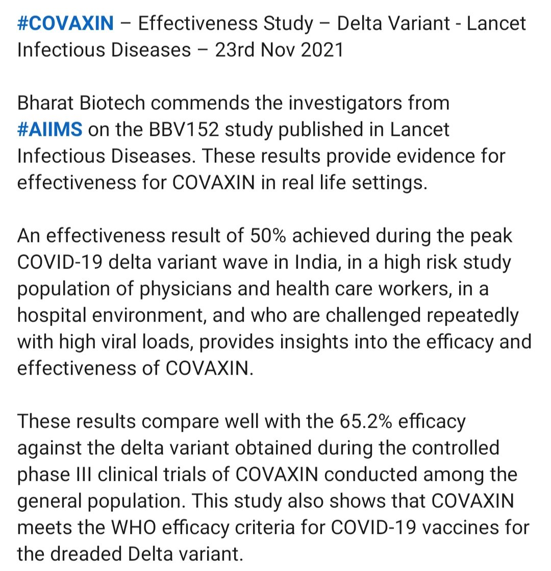 Bharat Biotech commends the investigators from #AIIMS on the BBV152 study published in Lancet Infectious Diseases. These results provide evidence for effectiveness for #COVAXIN in real life settings.

<a href="/WHO/">World Health Organization (WHO)</a> <a href="/TheLancet/">The Lancet</a>
<a href="/MoHFW_INDIA/">Ministry of Health</a> 

  #Deltavariant #BBV152 #Lancet #COVID19