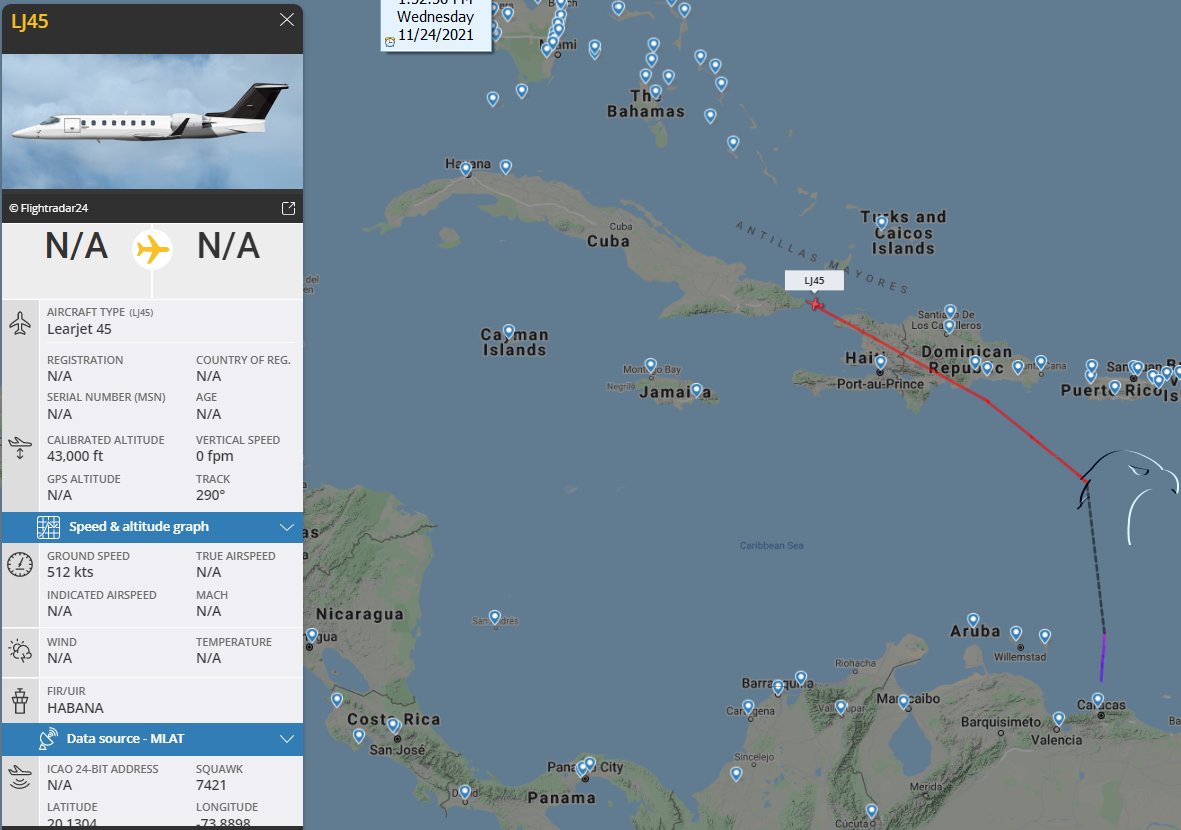 FlconEYES's tweet image. 🚨📡🛰️NARCOS ACTIVOS🧐
Desde Caracas, entrando a Cuba por Santiago. 
#Learjet45 ANONIMO con toda la información bloqueada. #HappeningNow
#cuavion #Cuba #24Nov