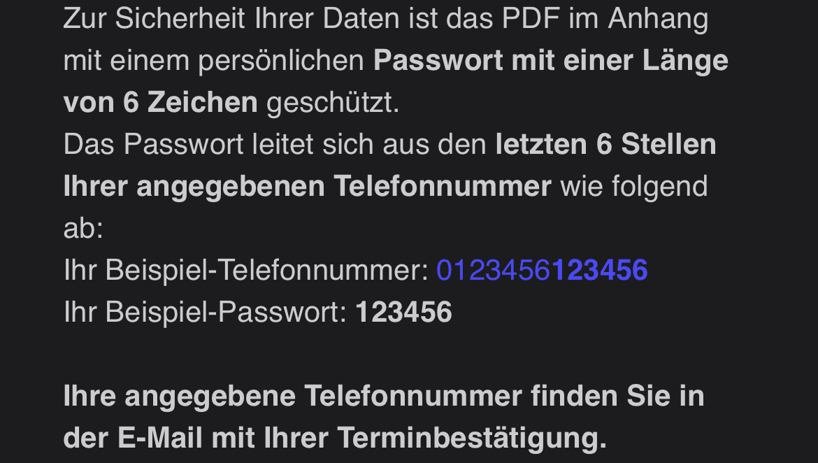 coconut147's tweet photo. Zur Sicherheit Ihrer Daten ist das PDF im Anhang mit einem persönlichen Passwort mit einer Länge von 6 Zeichen geschützt […]

Idiotensicher. https://t.co/nPbR1ssv3X