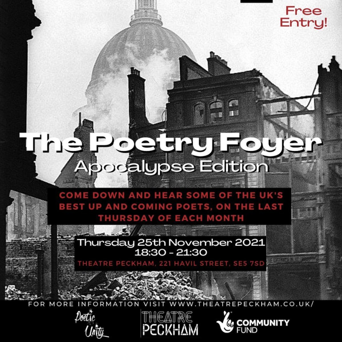 TOMORROW NIGHT! The Poetry Foyer: Apocalypse Edition Thursday 25th November💥
Supernatural, surrealism, and destructive imagery through poetry. Free entry and an open mic with the chance to win a feature slot at our next show! PULL UP!🙌🏽
