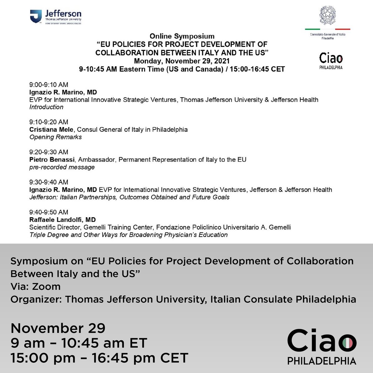 We invite you to join us for Symposium on “EU Policies for Project Development of Collaboration Between Italy and the US” on Monday, November 29 from 9 am – 10:45 am ET / 15:00 – 16:45 CET, click the link in our bio to register!