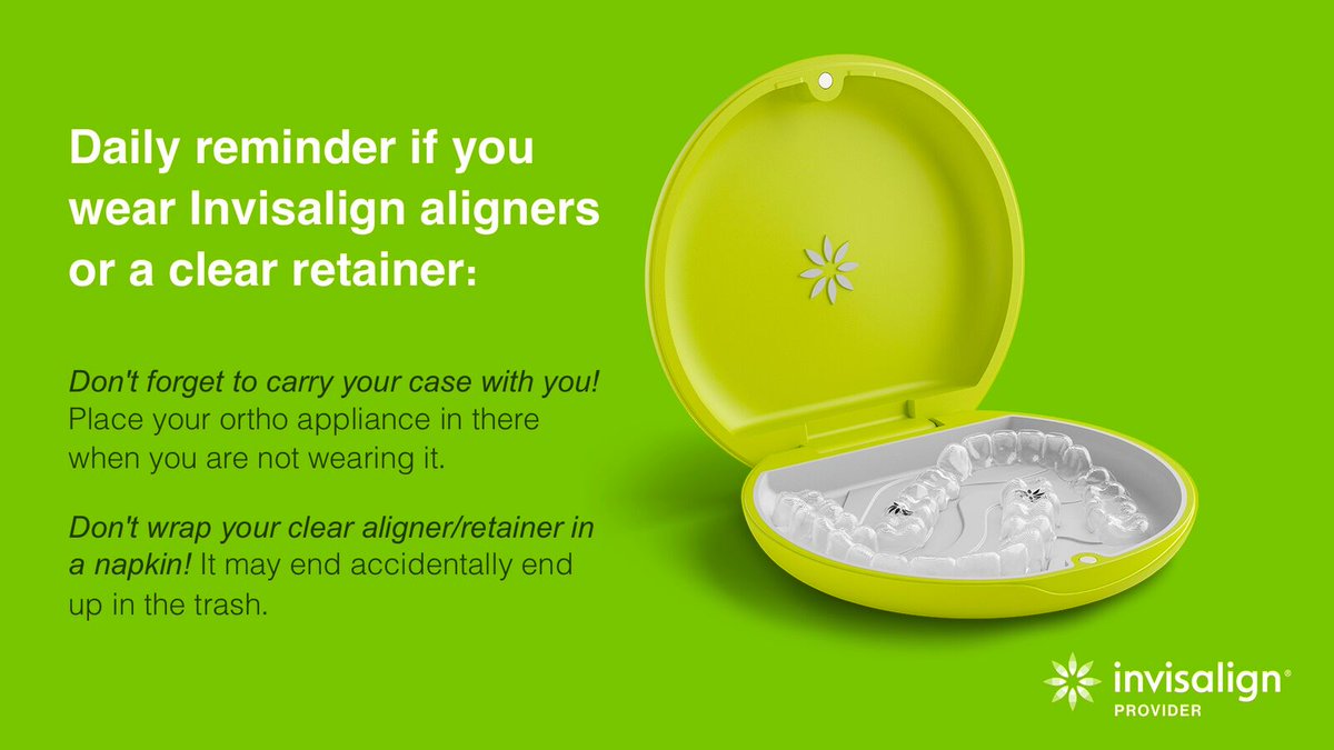 optorthodontics's tweet image. Daily reminder if you wear Invisalign aligners or a clear retainer:
✔️Don't forget to carry your case with you! 
❌Don't wrap your clear aligner/retainer in a napkin! It may accidentally end up in the trash.

#orthotips #clearaligners #clearretainers