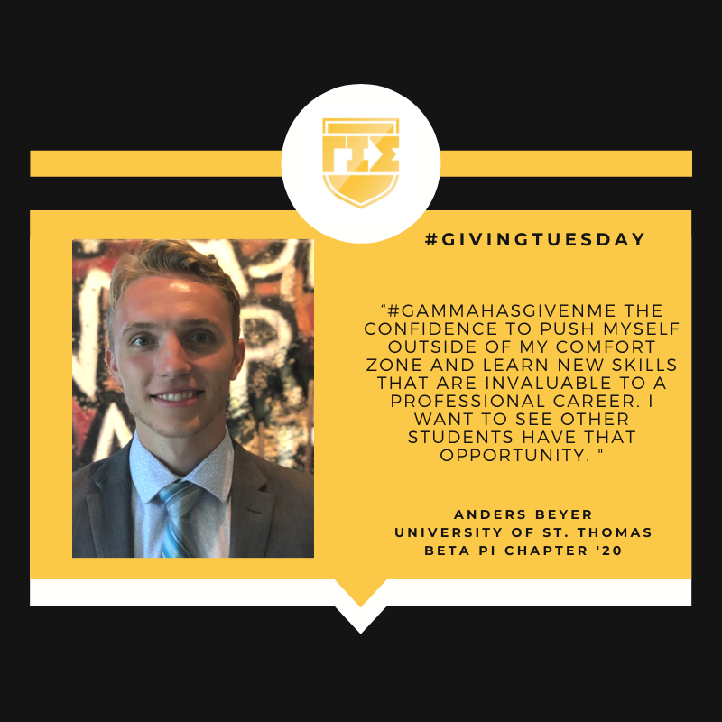 GammaIotaSigma's tweet photo. Anders Beyer, Regional Director of the Twin Cities Alumni Chapter &amp; '20 alumnus of the Beta Pi Chapter at the University of St. Thomas, shares why he continues to #GivetoGamma:

Help the Twin Cities Chapter meet their #GivingTuesday goal at: https://t.co/idnJZCuy1o https://t.co/IwWiVbnFe1