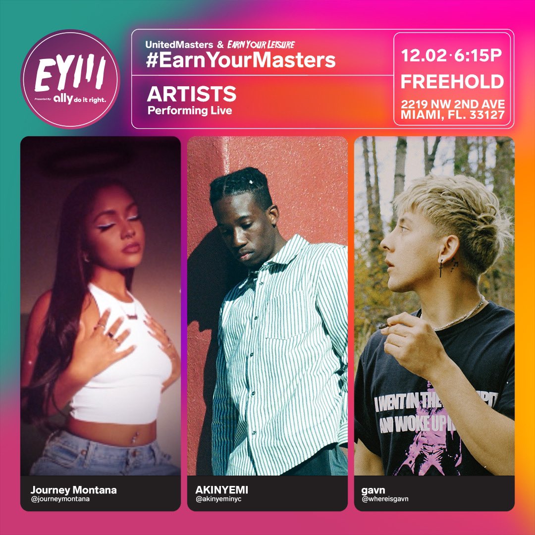 Come thru and join me X @UnitedMasters x @EarnYourLeisure at Art Basel on December 3rd at 7:05pm EST presented by @ally. Head to my IG Stories for more information and to RSVP to attend since space is extremely limited. Can’t wait to see you there. #EarnYourMasters #DoItRight