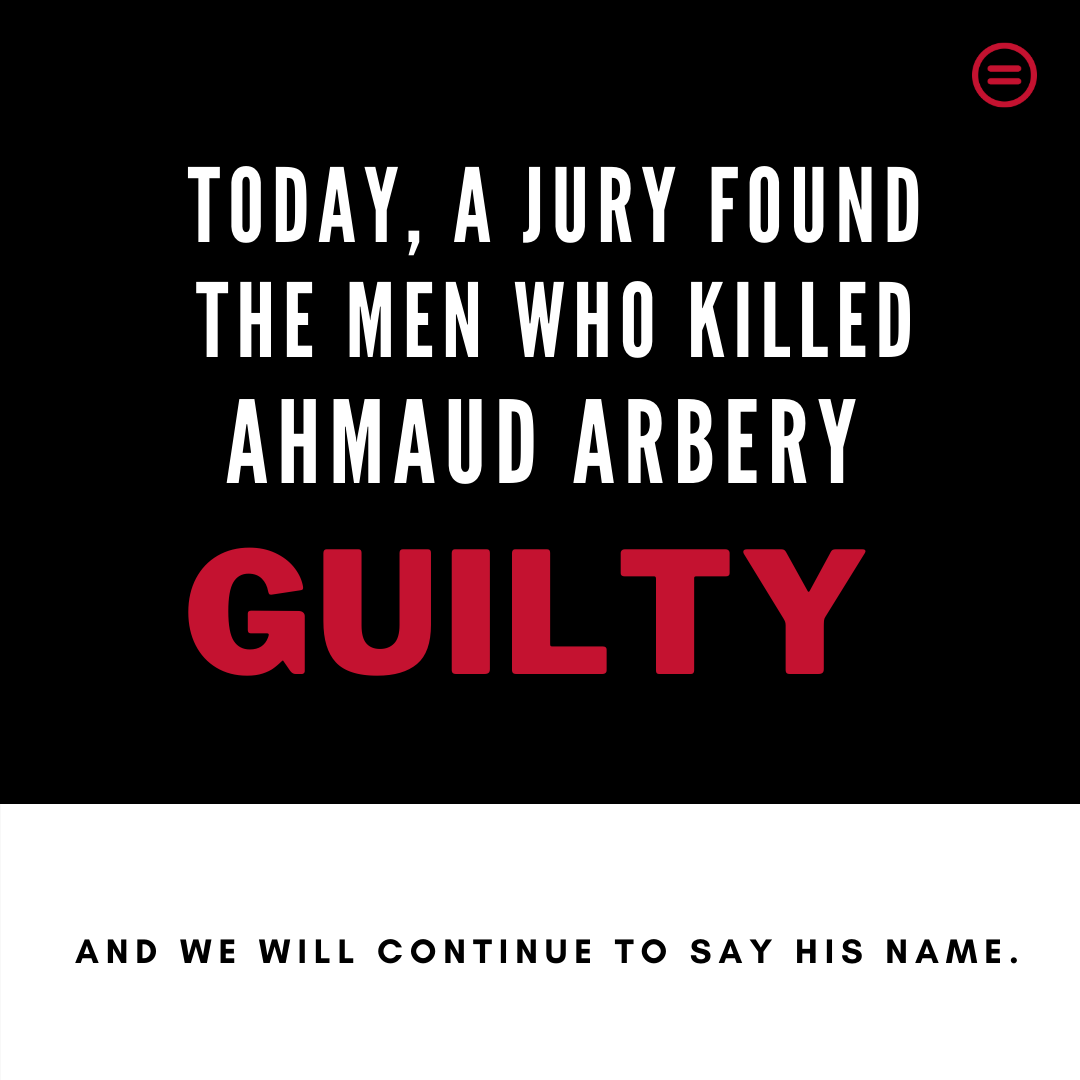 NatUrbanLeague's tweet photo. The verdict is in. The jury found the 3 white men who hunted, trapped + murdered #AhmaudArbery guilty. Holding his killers accountable is just the beginning.   We will never stop saying his name. https://t.co/uoHXkXifk8
