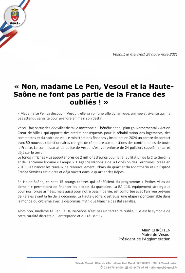 Vesoul n’est pas la France des oubliés ! Retrouvez ma réaction à la visite de Marine le Pen à Vesoul 👇