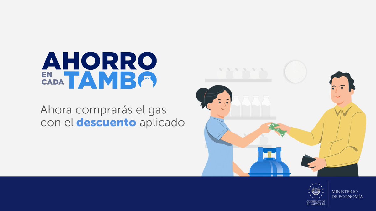 EconomiaSV's tweet photo. ¡No necesitas cumplir ningún requisito para tener #AhorroEnCadaTambo de gas!
Cuando lo compres, recibirás un descuento que cubrirá los nuevos incrementos del mercado.
Si ya eres beneficiario de la Tarjeta de #SubsidioGas, también gozarás de este apoyo. https://t.co/ZIAKOW9M81