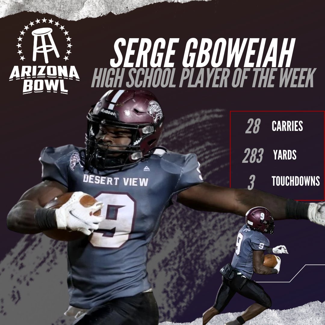 theARIZONABOWL's tweet photo. The postseason stars have broken out, and we couldn't just pick one, so congratulations to our Co-Players of the Week. Serge Gboweiah led the charge for Desert View in a 26-13 win over Millenium, and Kayden Luke powered CDO to an upset win over Lake Havasu. Congrats boys! https://t.co/MB4NOUvkSy
