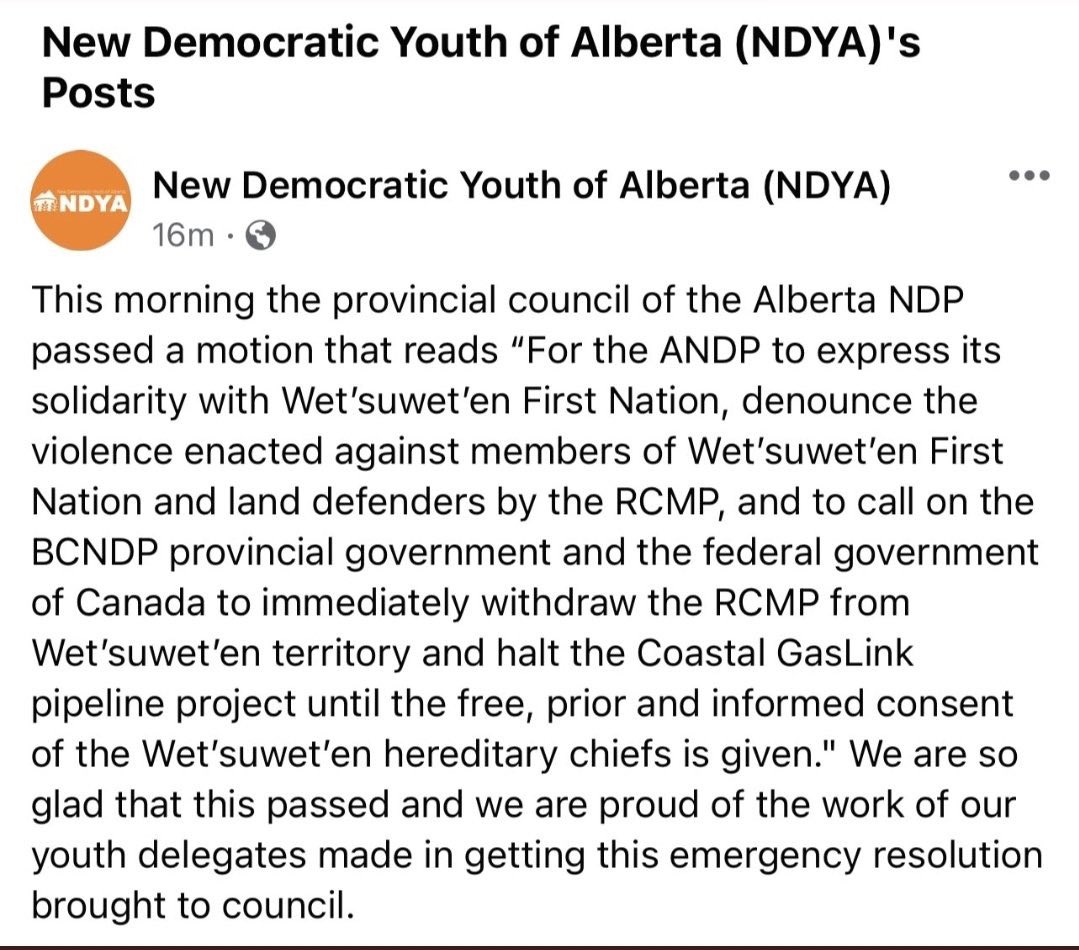 jkenney's tweet photo. Alberta’s NDP “stands in solidarity” with illegal road blocks designed to halt construction of a safe, approved natural gas pipeline.

@Alberta_UCP stands in solidarity with the twenty elected First Nations governments in Northern BC who unequivocally support Costal Gas Link. https://t.co/BWHgxsrdvF