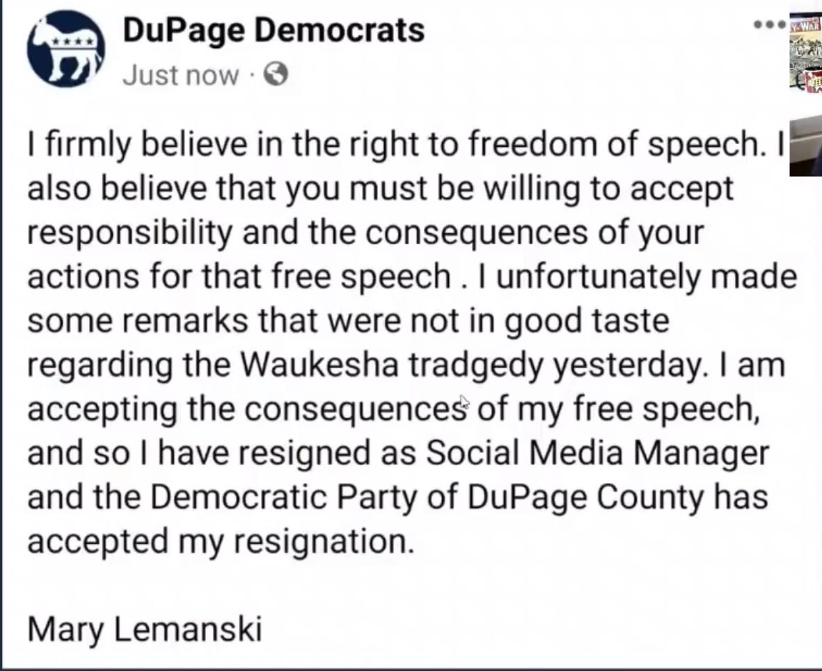 #Illinois #DuPageDemocrats Forced #MaryLemanski to Resign for Celebrating #WaukeshaWisconsin Christmas Rampage! Disgusting & Typical. She’s a Marxist Degenerate Lunatic. #WaukeshaMassacre #WaukeshaChristmasParade #WaukeshaTerroristAttack 
youtu.be/QwKaaenVVLA via @YouTube