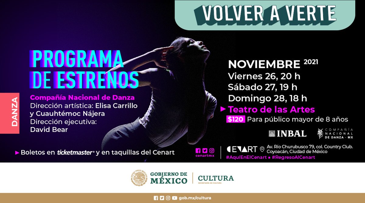 cenartmx's tweet photo. 'Romanza', 'Pasos', 'Impermanente' y 'All long dem day' de los coreógrafos James Kelly, Marcos A. Rossi, Yazmín Barragán y Marco Goecke, integran el #ProgramaDeEstrenos que la @CNDanzaMX interpretará este fin de semana en el Teatro de las Artes del #Cenart.

#VolverAVerte. 🩰 https://t.co/2vIF3QA3qW