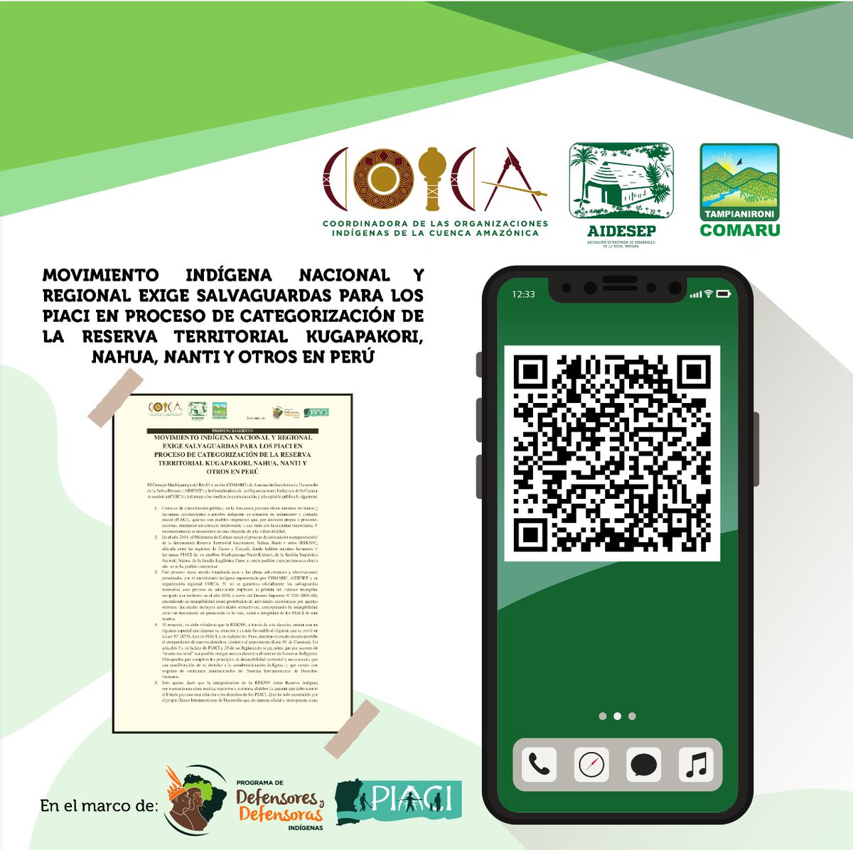 coicaorg's tweet photo. #Perú| #Comaru, @aidesep_org y @coicaorg, exigimos al  @MinCulturaPe la suspensión del proceso de adecuación de la RTKNN a Reserva Indígena hasta que se establezcan las garantías técnicas y legales por la vida de los #PIACI.

Para revisar el pronunciamiento escanea el #código. https://t.co/Xy1WQdywGn