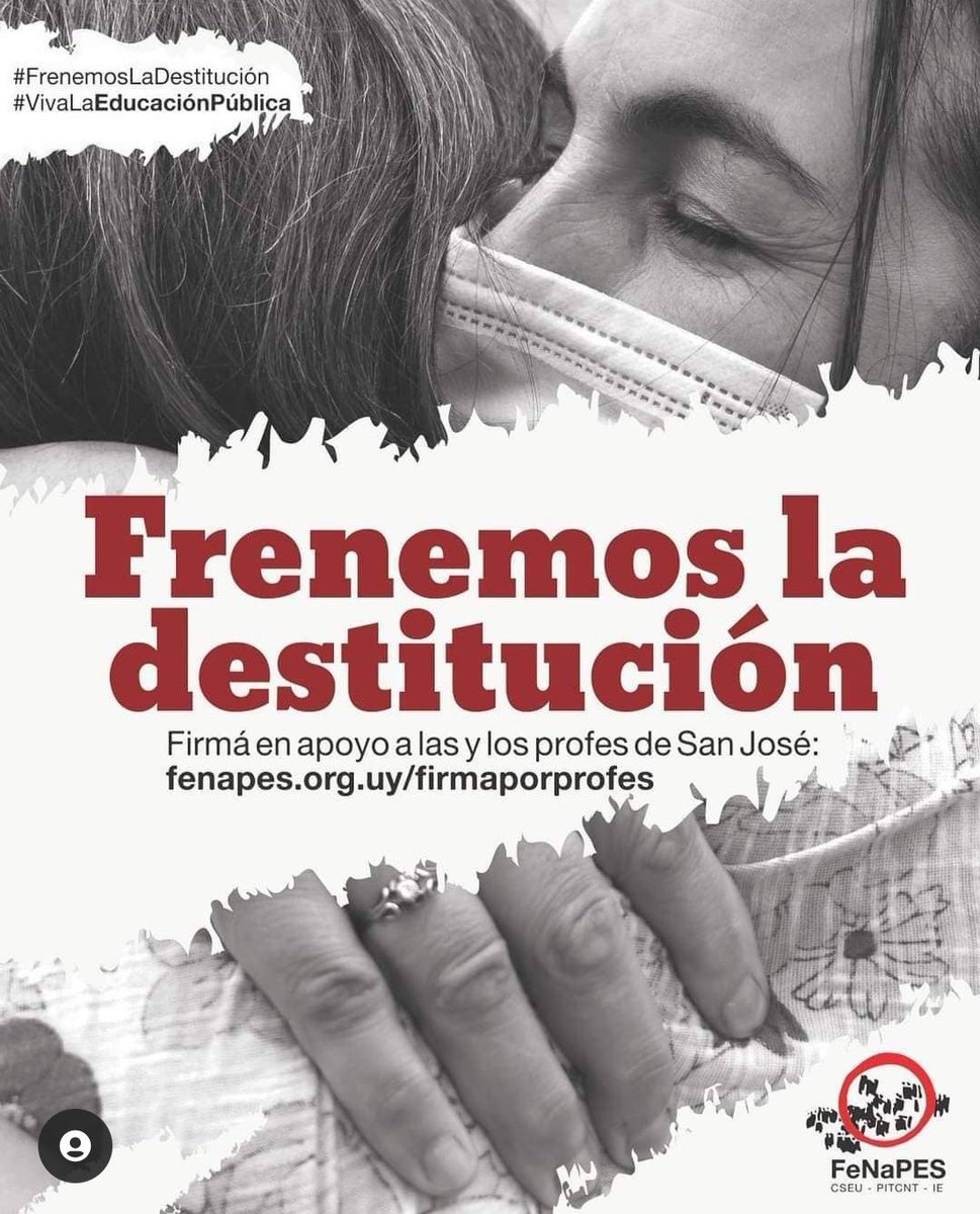 #FrenemosLaDestitución

Firmá en apoyo a las y los profes del Liceo 1 de San José.
👉  fenapes.org.uy/firmaporprofes

#SinDocentesNoHayEducación
#SinEducaciónNoHayFuturo
#VivaLaEducaciónPública

@FenapesUruguay @PITCNT1
@afutu_1 @Ates_Sindicato