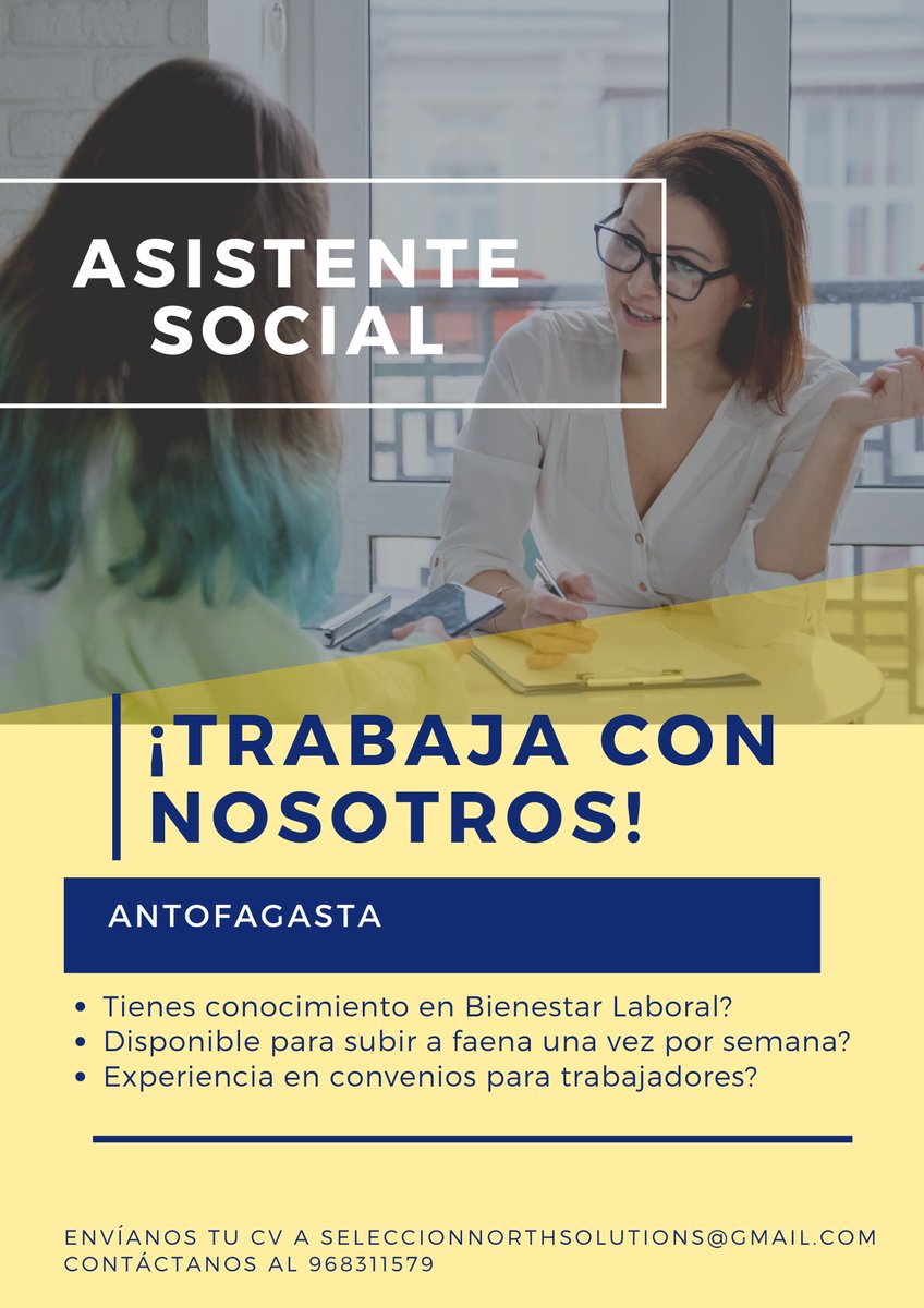 NorthSolutions1's tweet photo. #Antofagasta #haypega #trabajoantofagasta Estamos en búsqueda de una Asistente Social Laboral. Envíanos tu CV a seleccionnorthsolutions@gmail.com https://t.co/6qhtJdYwyZ