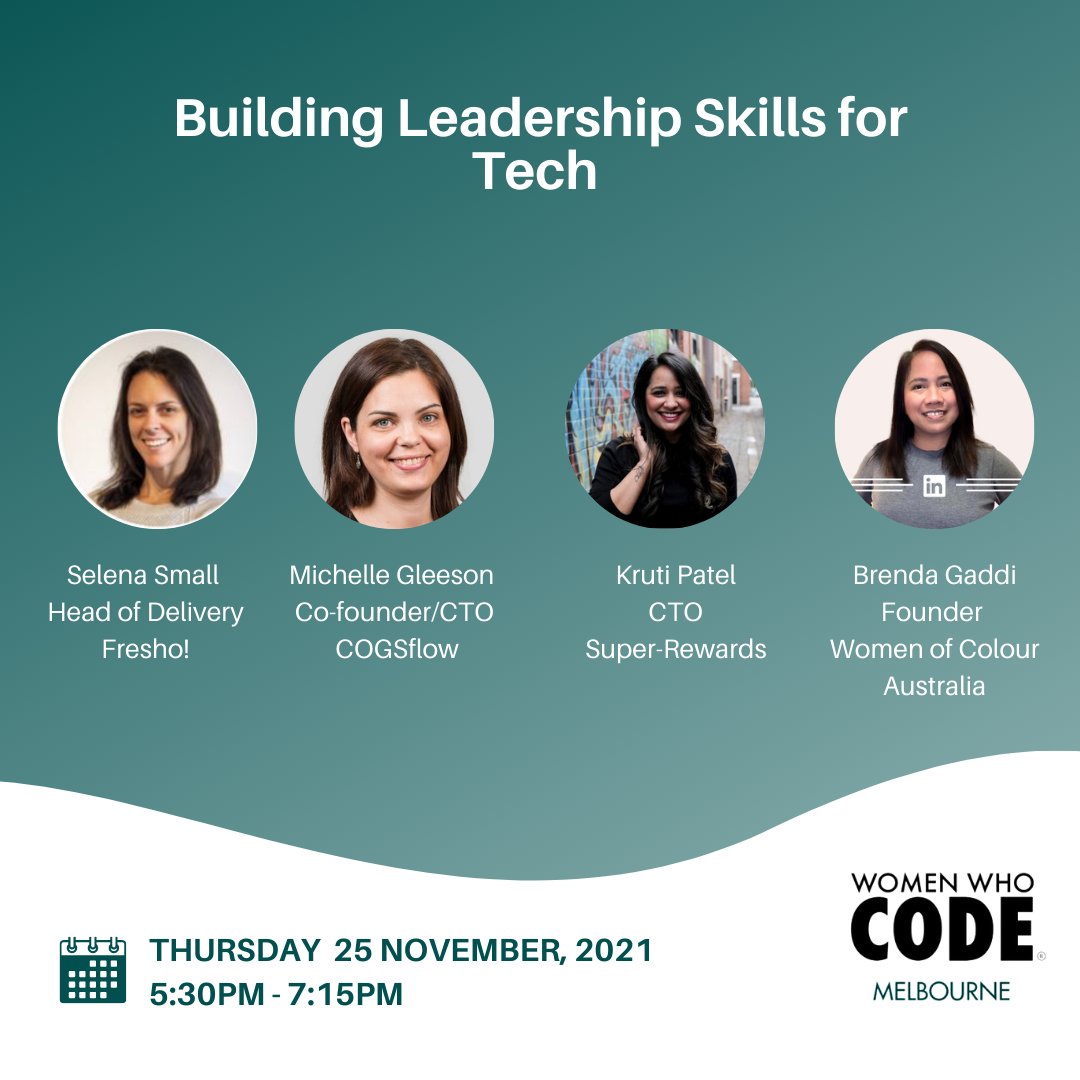 WWCodeMelbourne's tweet photo. Interested in building skills to become a leader in tech? 

We'll cover 
• how our panelists got into leadership🤵‍♀️
• the skills they needed to develop for leadership roles
• advice on how to prepare &amp; seek out leadership opportunities

Register here 👇
https://t.co/Rf6YRlhqC7 https://t.co/p6TKS7vtWV