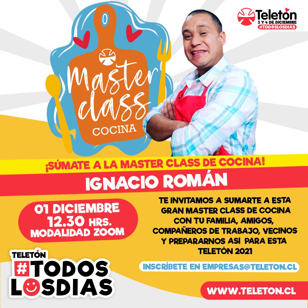 Teleton's tweet photo. ⭐¡Participa en la master class de cocina que realizará @romanygnacio! 👨‍🍳 

Súmate con tu familia, amigos, compañeros de trabajo y vecinos.👩‍🍳🍳👨‍🍳 

➡Inscríbete en empresas@teleton.cl.

La #Teletón se vive este 3 y 4 de diciembre ¡y #TodosLosDías! 🦾❤️ https://t.co/lqkxEr0OrQ