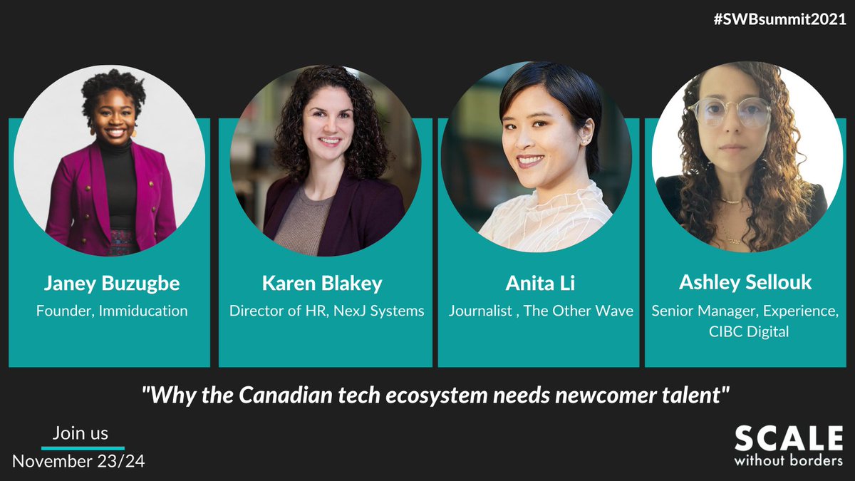 ScaleWOB's tweet photo. Meet our panel of speakers, @JaneyBuz, @karemarr, @neeeda and Ashley Sellouk at our Inaugural #SWBsummit2021 tomorrow!

These incredible leaders will be having a discussion on why the Canadian tech ecosystem needs newcomer talent.

Join us tomorrow!

RSVP: https://t.co/pqo2QIcsMH https://t.co/dMQuG2rA5o