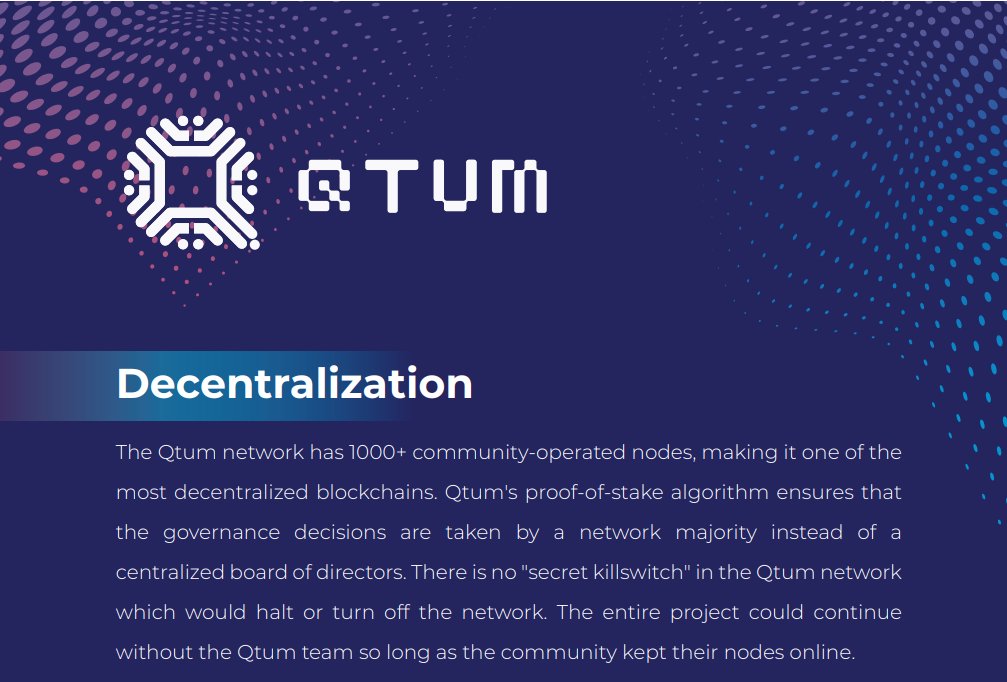 qtum's tweet photo. There is no "secret killswitch" in the Qtum network which would halt or turn off the network. The entire project could continue without the Qtum team so long as the community kept their nodes online. 

This is decentralization

https://t.co/IHtFEB8anC https://t.co/QRiBm2SwI8